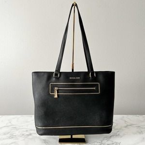 Michael Kors Frame Out Large North South Tote Black/Gold Leather Bag